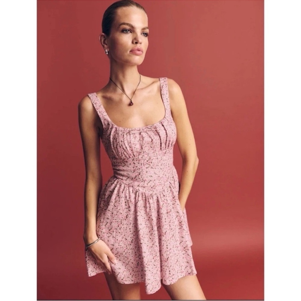 NWT Reformation Daria Mini Linen Dress Pink Floral Rosin 4